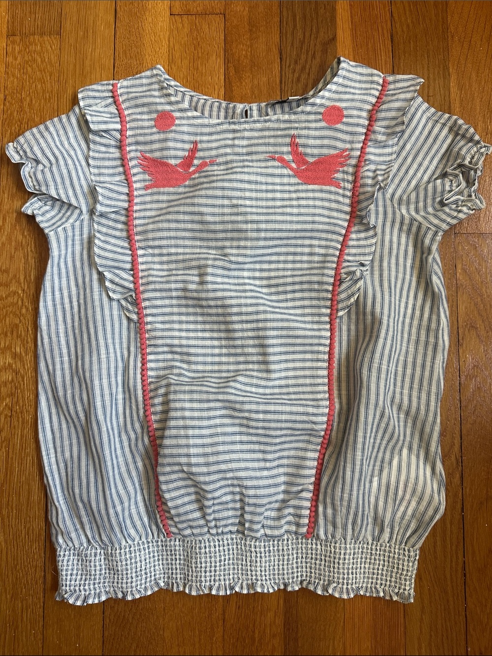 Cyrillus Light Blue Striped top with Pink Embroidered Birds (size 10)